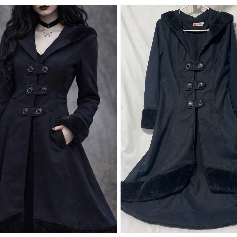 Xian Xian Goth Steampunk Hooded Black Fleece Felt High-Low Coat sz M